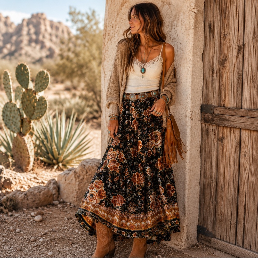 Boho Floral Tiered Ruffle Maxi Skirt Festival Cottagecore Maxi Asymmetrical M